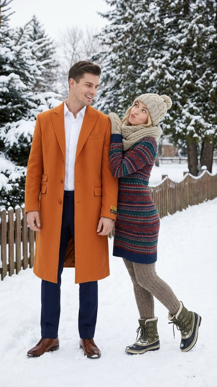 Mens Orange - Rust Wool Blend Long Overcoat  Topcoat Carcoat Topcoat