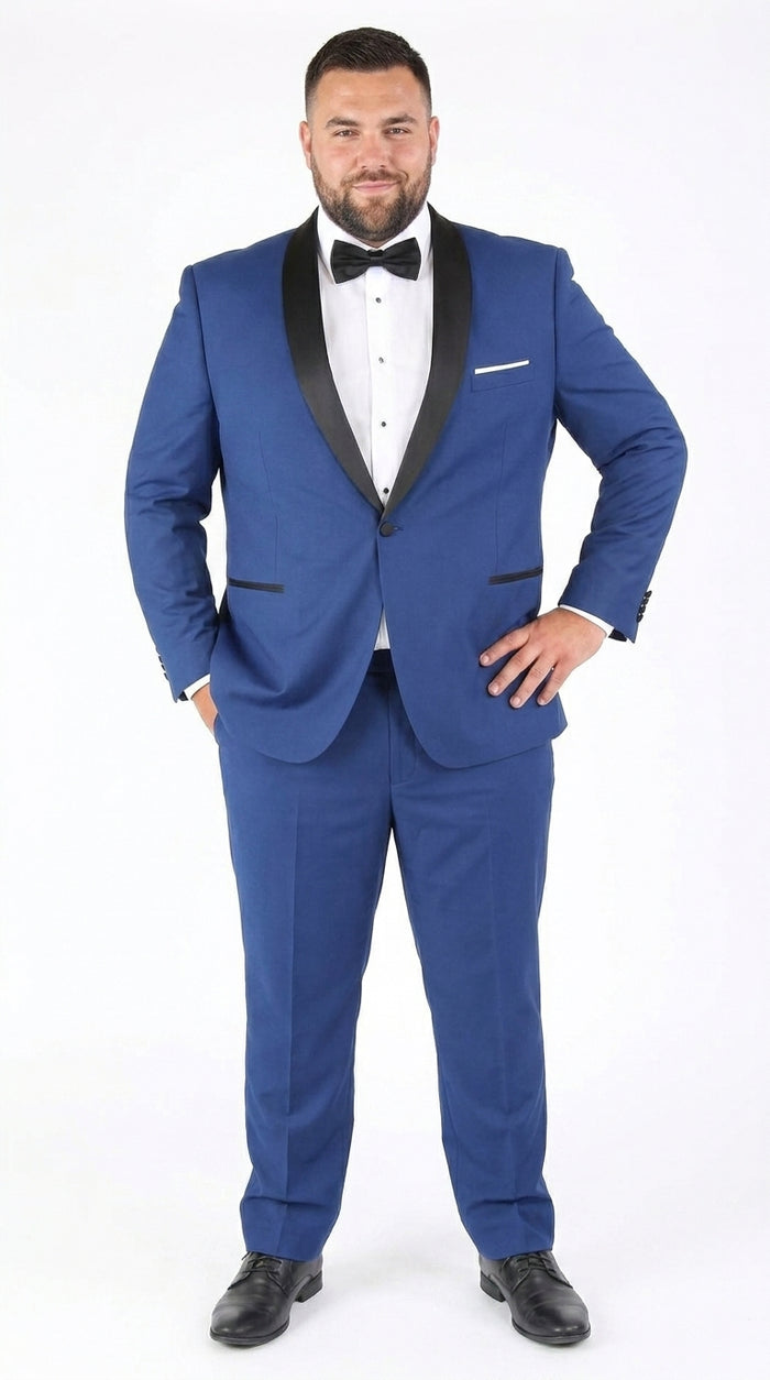 Men’s Indigo Shawl Prom Tuxedo with Black Lapel, One Button Jacket and Matching Pants