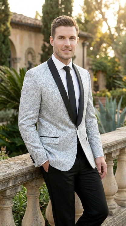 black and silver formal dress mens Silver Two Piece Jacquard Men's Suit Slim Fit One Button Prom Outfit main image 1