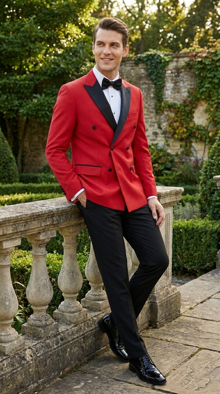 Men’s Red Double Breasted Wool Tuxedo with Black Lapel, Formal Wedding Prom Dinner Jacket