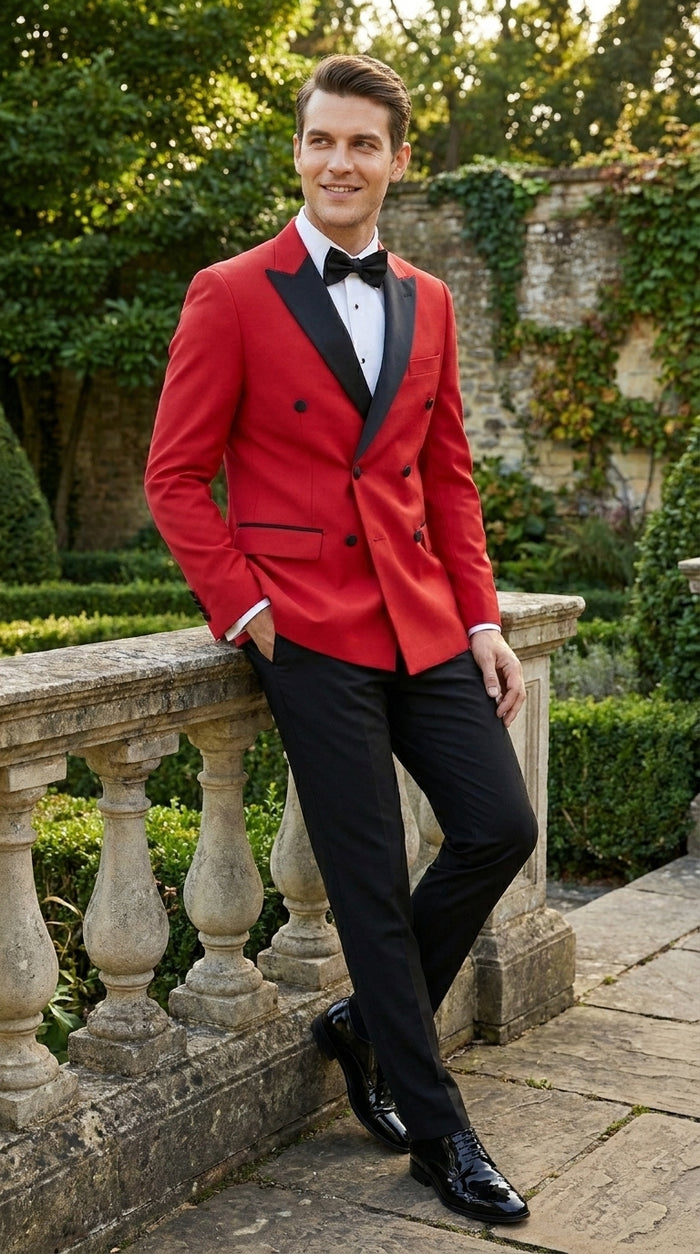 Men’s Red Double Breasted Wool Tuxedo with Black Lapel, Formal Wedding Prom Dinner Jacket