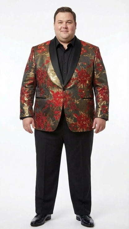 Mens Red and Gold Floral Pattern Paisley  Shawl Lapel | Luxury Evening and Party Wear Jacket Prom Christmas New Year Blazer