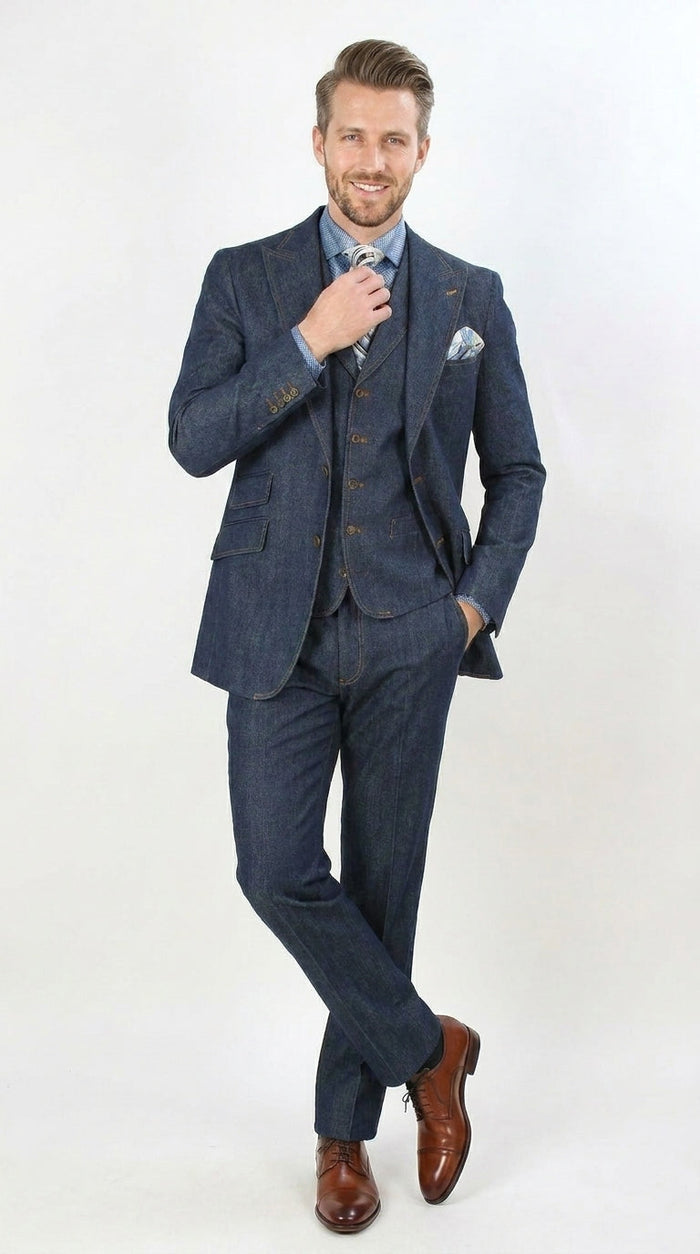 Men’s Pleated Pants Dark Blue Denim 3 Piece Suit – 100% Cotton Formal Suit Set, Blazer Vest Pants Outfit Classic Fit Athletic Fit Lose Fit