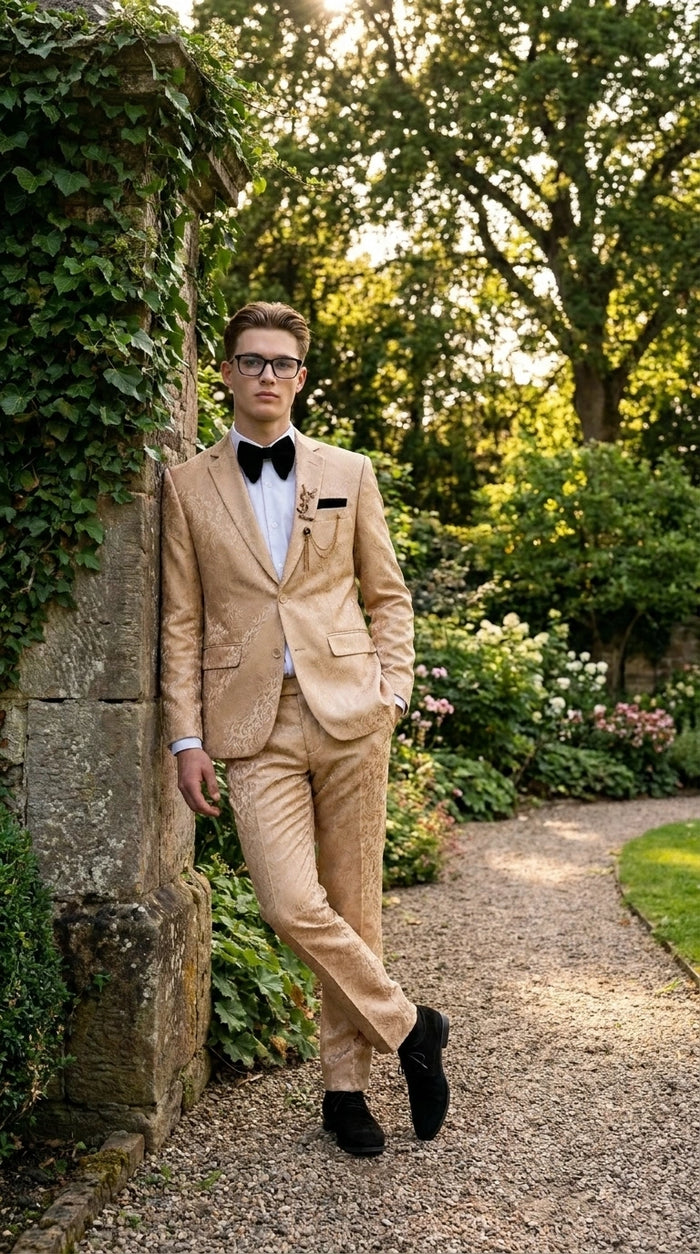 Men’s Champagne Gold Paisley Prom Tuxedo, Formal Dinner Suit for Prom, Weddings, Parties in Tan Color