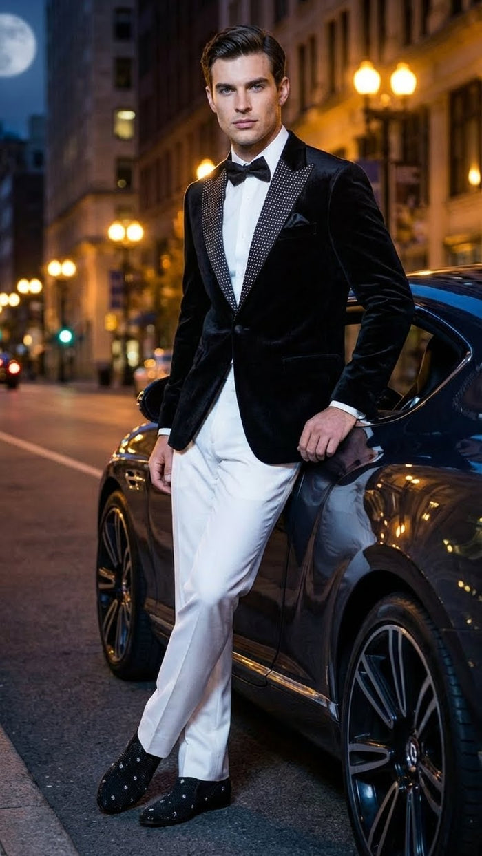 Mens Black Velvet Tuxedo Blazer with Studded Lapel  Formal Evening Jacket