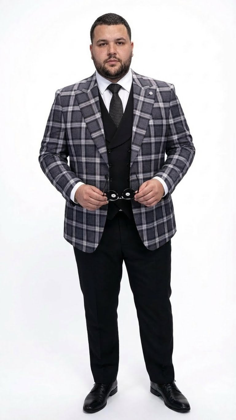 Mens Big and Tall Charcoal Gray and Black Plaid Blazer  Grey Checker Windowpane Sport Coat