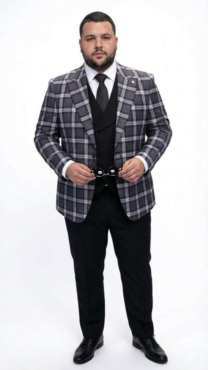 Mens Big and Tall Charcoal Gray and Black Plaid Blazer  Grey Checker Windowpane Sport Coat