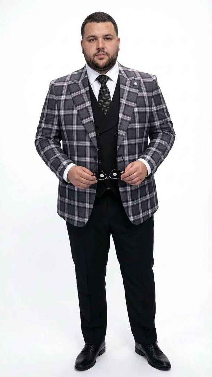 Mens Big and Tall Charcoal Gray and Black Plaid Blazer  Grey Checker Windowpane Sport Coat