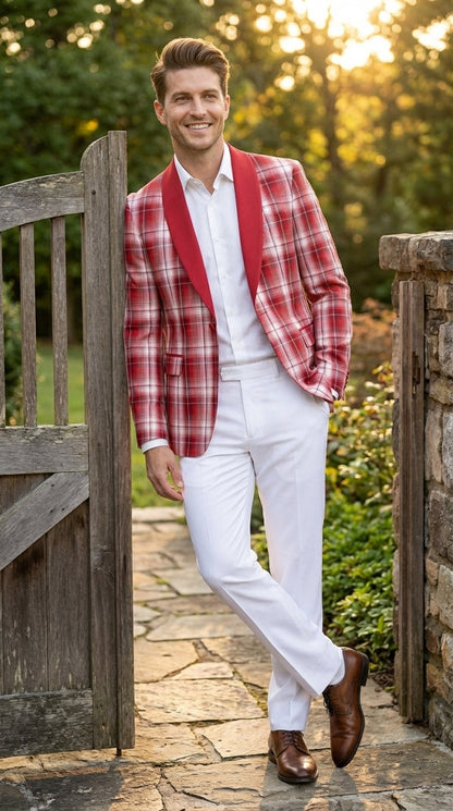 Mens Tartan Red and White Plaid Blazer – Check Pattern Sport Coat Red Shawl Lapel Party Christmas Holiday New Year