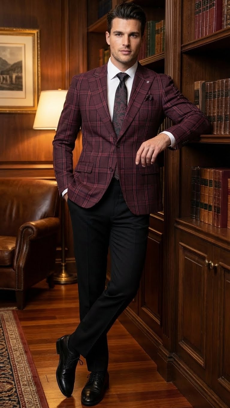 Men’s Burgundy Check Blazer – Windowpane Plaid blazer in Maroon Wine Color
