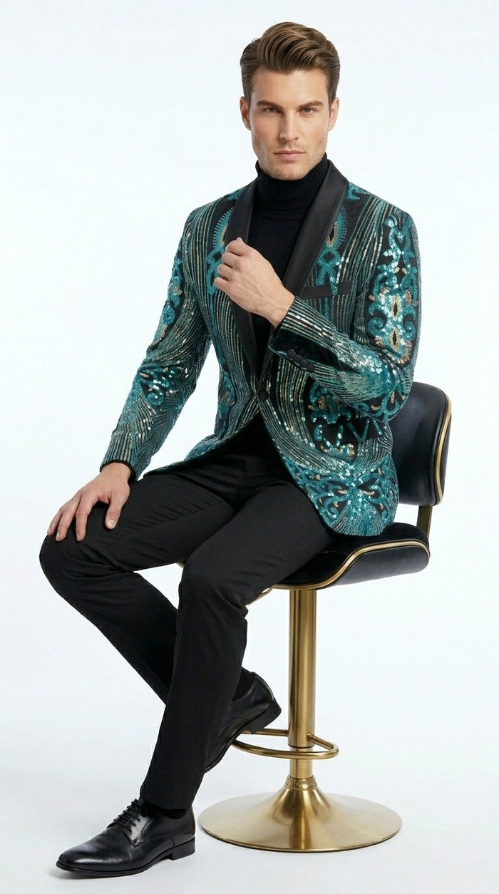 Men’s Black and Turquoise Blue With teal green Sequin Dinner Jacket, Formal Prom Wedding Paisley Floral Mardi Gra Pattern
