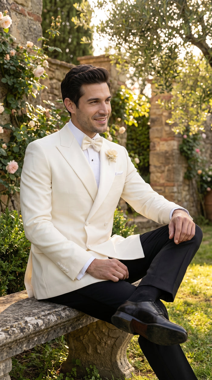 Men’s Ivory Double Breasted Dinner Jacket, Peak Lapel Formal Wedding Prom Tuxedo Blazer in cream off white color