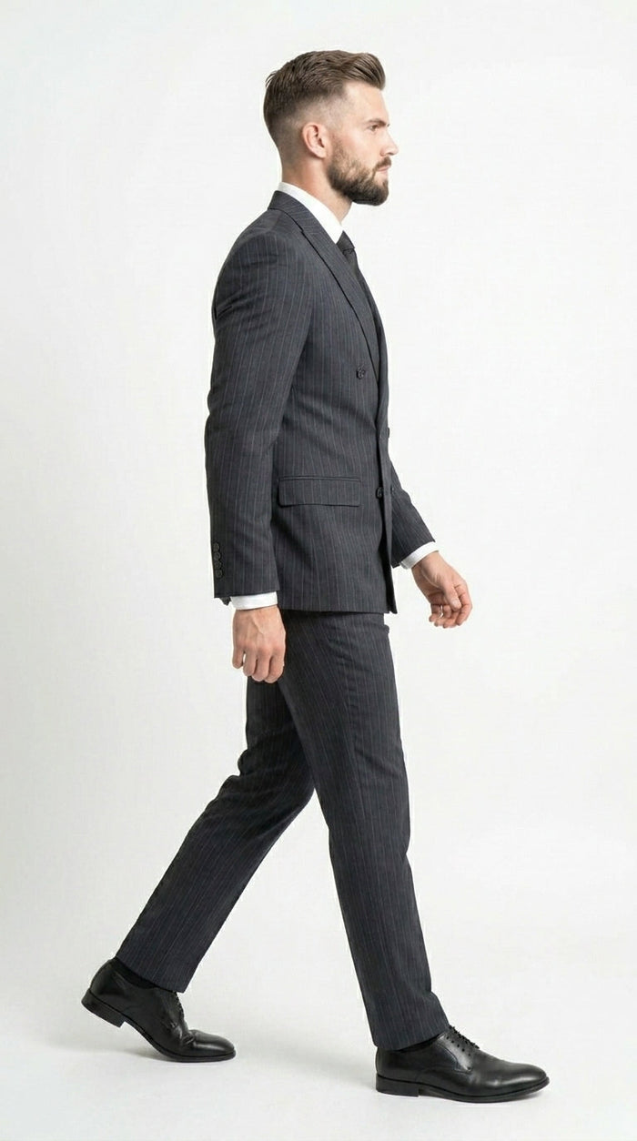 Men’s Black Pinstripe Double Breasted Suit – Classic Formal Business Suit Office and Evening Wear Modern Fit Conservative pattern
