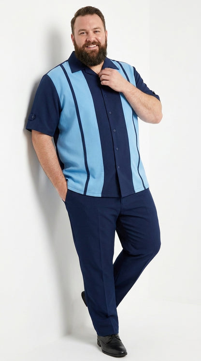Men’s Navy and Sky Blue Walking Suit – 2-Piece Short Sleeve Casual Leisure Outfit