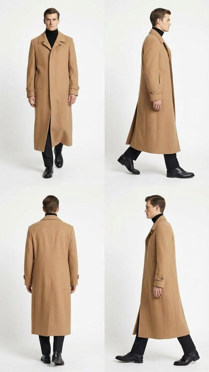 Mens Full-Length Camel Overcoat  Classic Long Microfiber-Blend Coat for Winter and Formal Wear Maxi Duster Coat