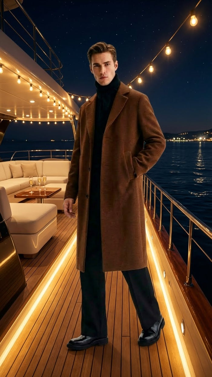 Men's Brown Long Wool Overcoat - Topcoat Wool Carcoat Three Quarter