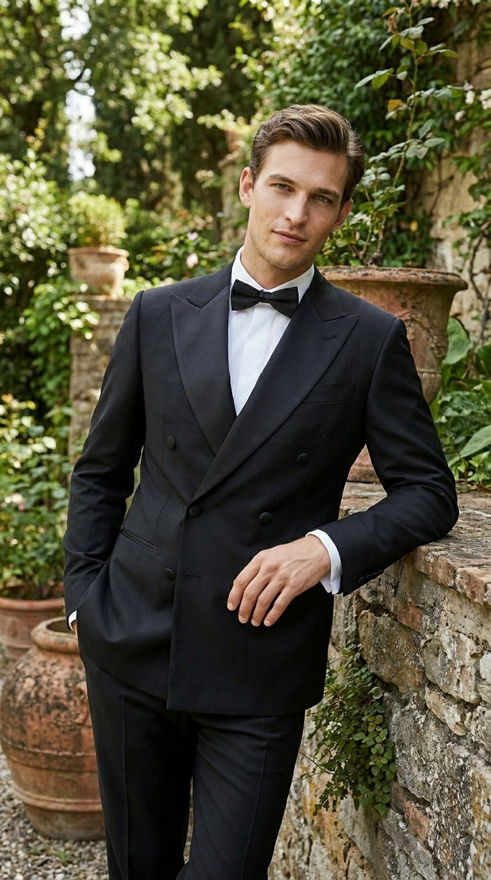 Men’s Black Double Breasted Tuxedo Jacket with Satin Peak Lapel, Formal Wedding Dinner Blazer