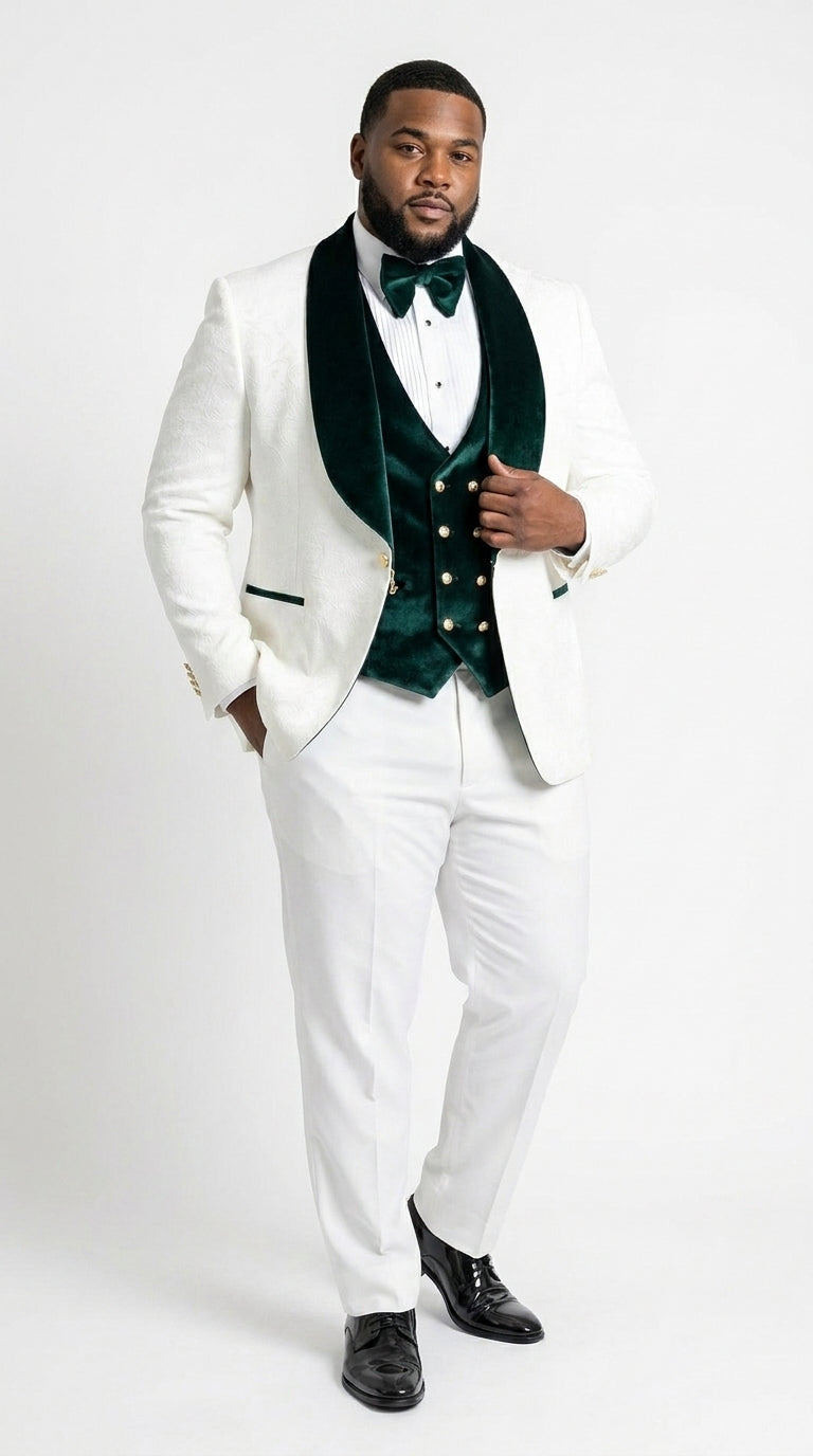 Men’s White and Green Tuxedo Wedding Suit with Shawl Lapel, Velvet Vest and Pants