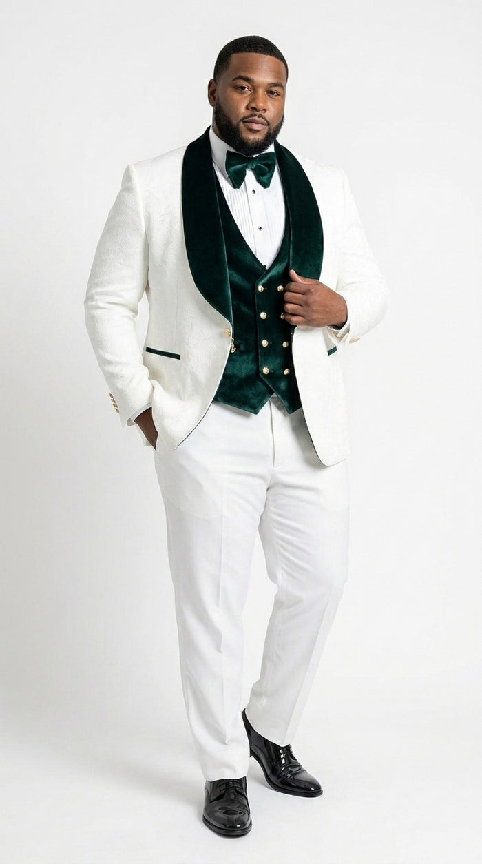 Men’s White and Green Tuxedo Wedding Suit with Shawl Lapel, Velvet Vest and Pants