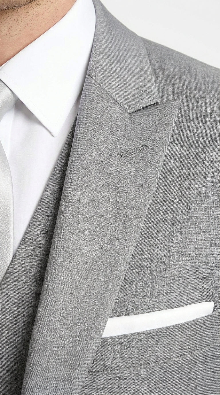 Men’s Light Grey Vested Tuxedo with One Button Jacket, Peak Lapel and Matching Pants
