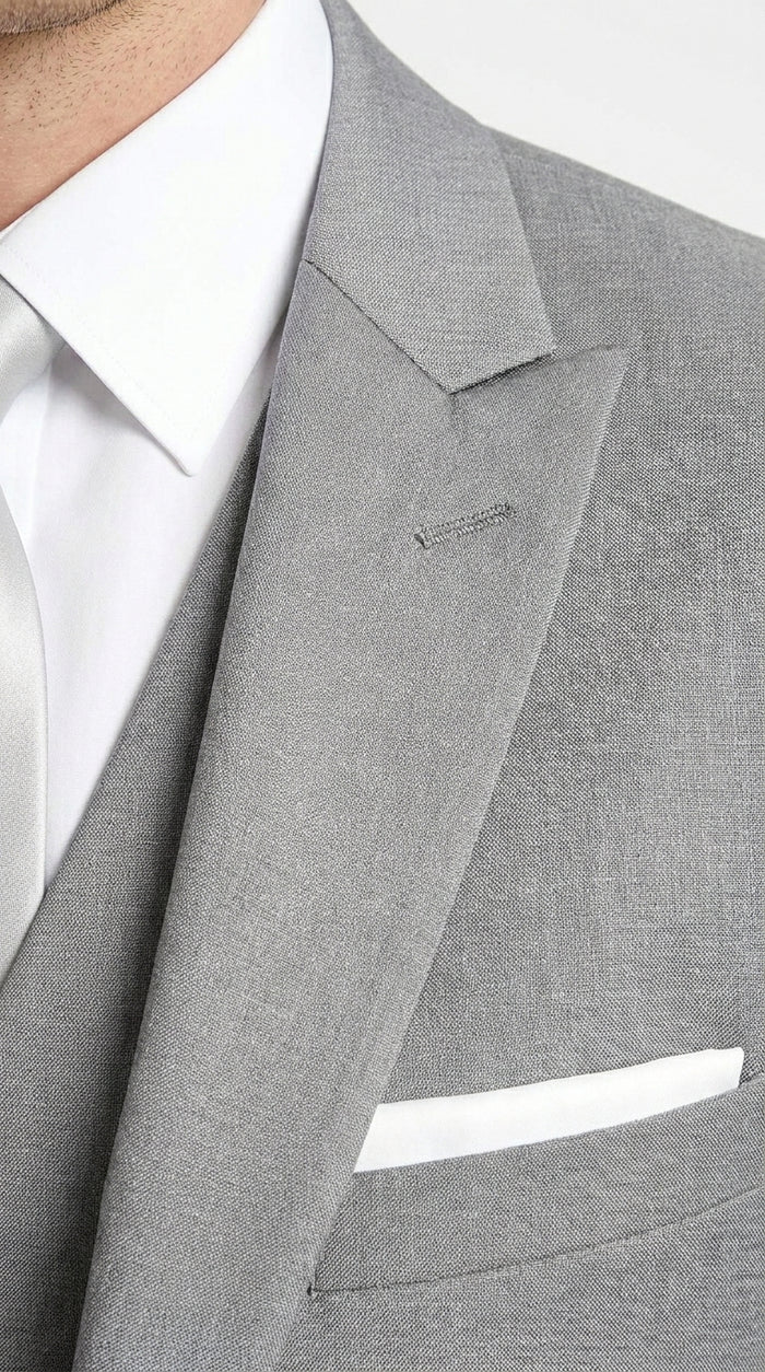 Men’s Light Grey Vested Tuxedo with One Button Jacket, Peak Lapel and Matching Pants