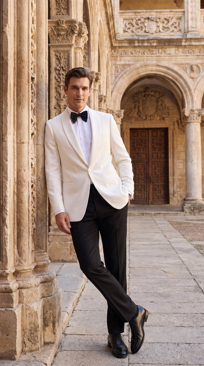 Men’s Vintage Hollywood Ivory Tuxedo – Black Shawl Lapel Wedding, Prom and Formal Dinner Jacket with Black Pants