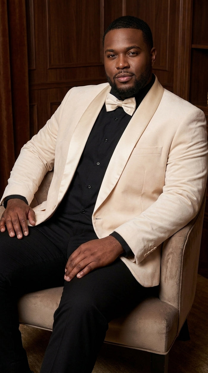 Men’s Champagne Tuxedo Dinner Jacket with Black Pants – Shawl Lapel Wedding, Prom and Formal Blazer
