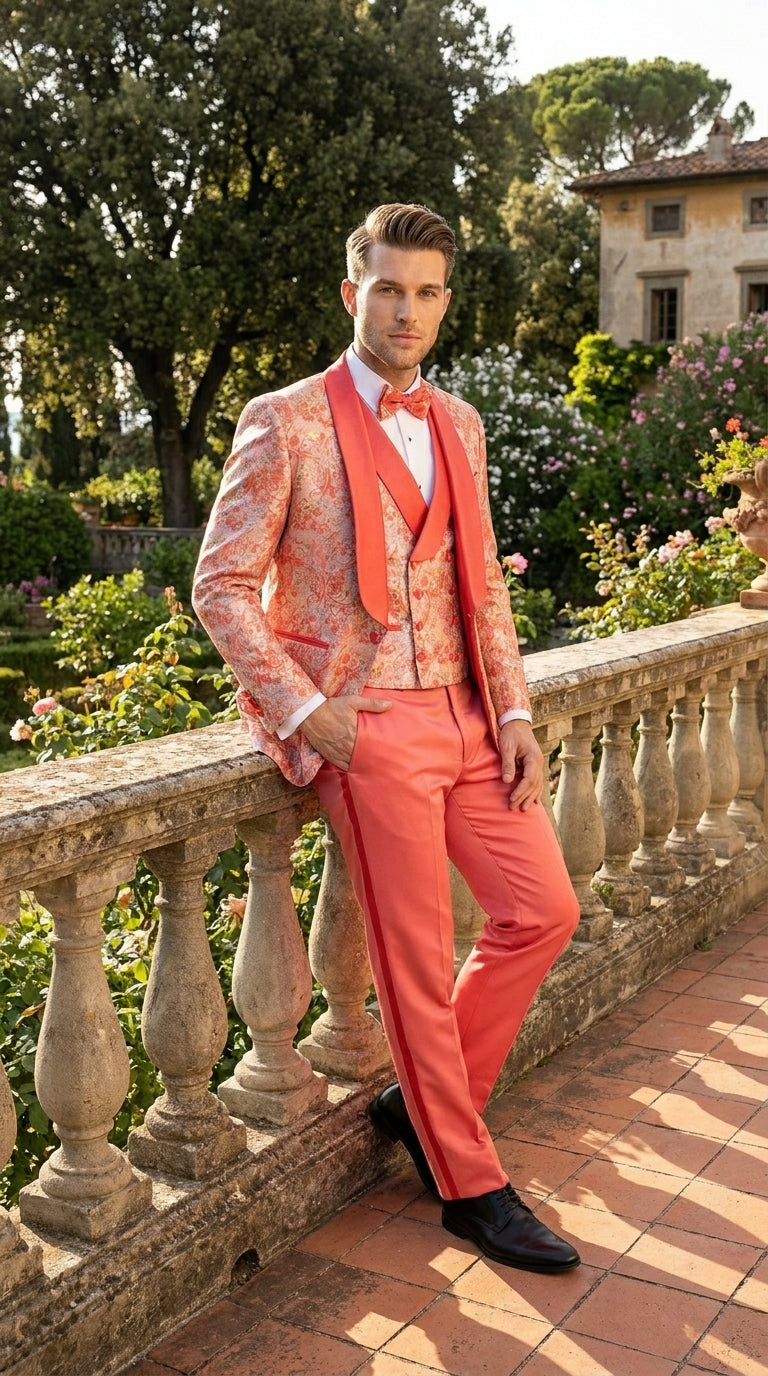 Men's One Button Paisley Wedding Tuxedo with Double Breasted Vest in Coral Orange
