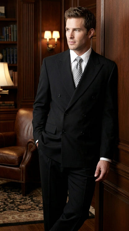 Brand New Solid Black Double Breasted Suit 100% Wool Fabric Super 150s Wide Suits Side Vent (pleated or Flat Front Pants)