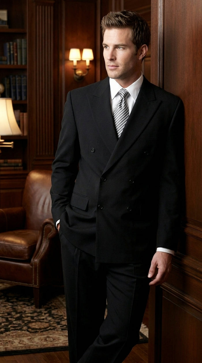 Brand New Solid Black Double Breasted Suit 100% Wool Fabric Super 150s Wide Suits Side Vent (pleated or Flat Front Pants)