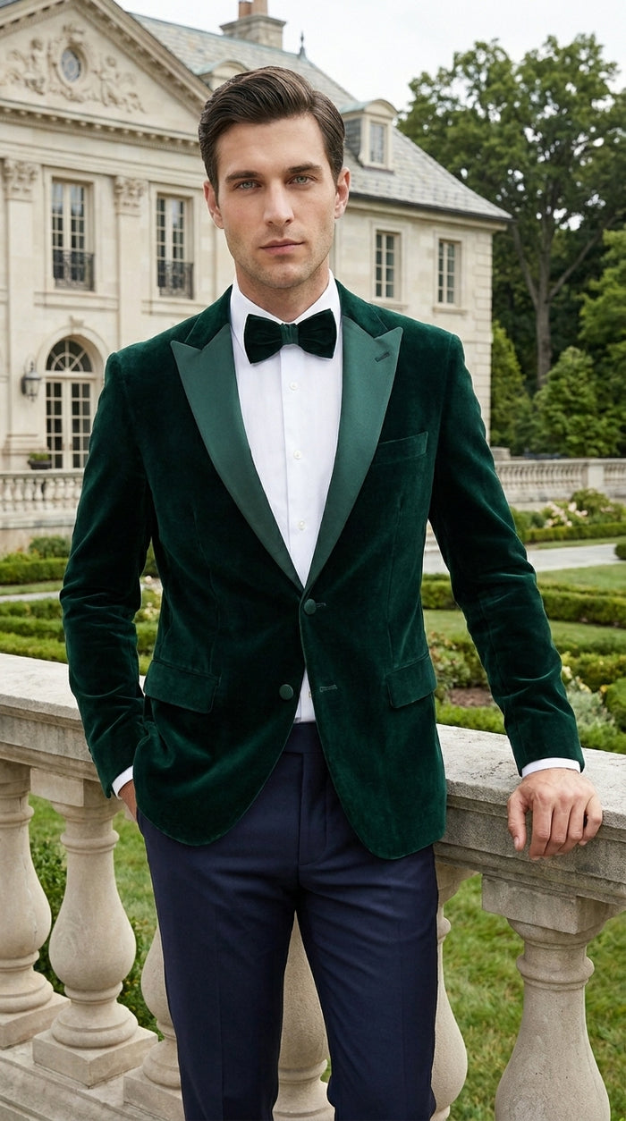Men’s Hunter Green Velvet Tuxedo Jacket with Peak Lapel, Formal Wedding Prom Dinner Blazer