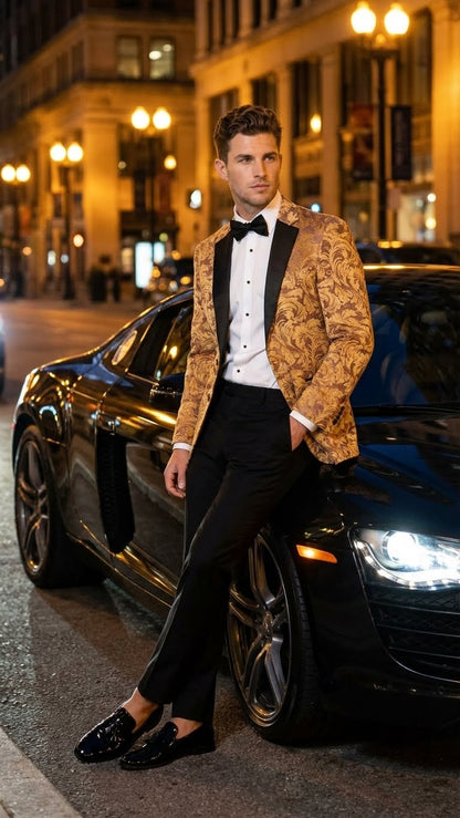 Mens Yellow Gold Baroque Pattern Tuxedo Blazer Suit  Party and Wedding Jacket Prom Paisley Black Pants