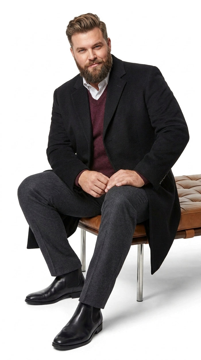 Men’s Big and Tall Black Cashmere Overcoat – Full-Length Winter Dress Coat for Business and Formal Wear
