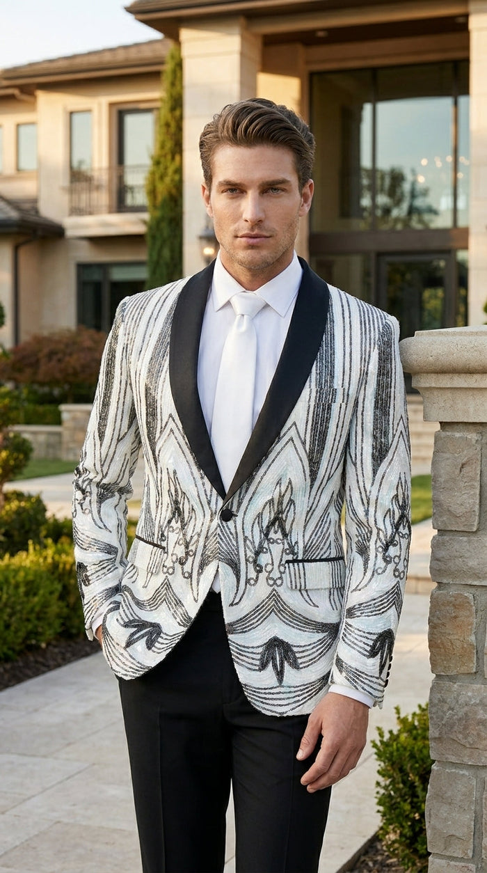 Men’s White and Black Patterned Tuxedo Blazer – Luxury Designer Dinner Jacket for Wedding, Prom and Formal Events New Year Christmas Holiday