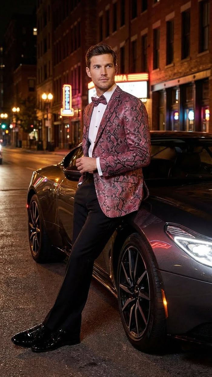 Mens Burgundy and Black Snakeskin Print Blazer  Alligator Crocodile Sport Jacket Exotic Skin