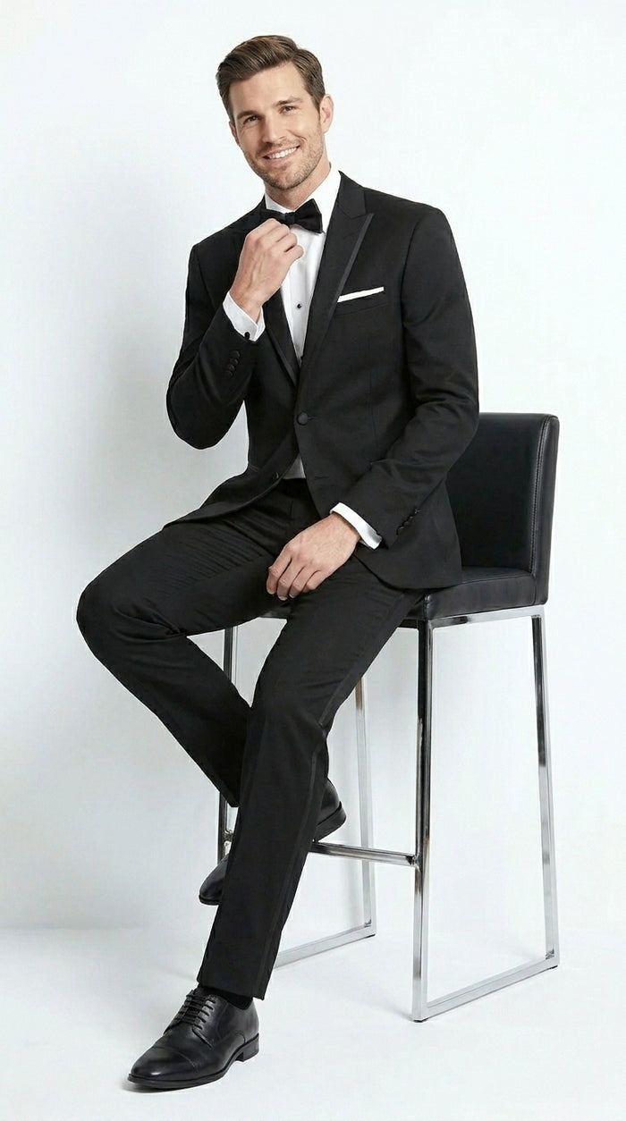 Men’s Black Designer Peak Trim Ashton Tuxedo with Satin Lapel, Formal Wedding Dinner Suit