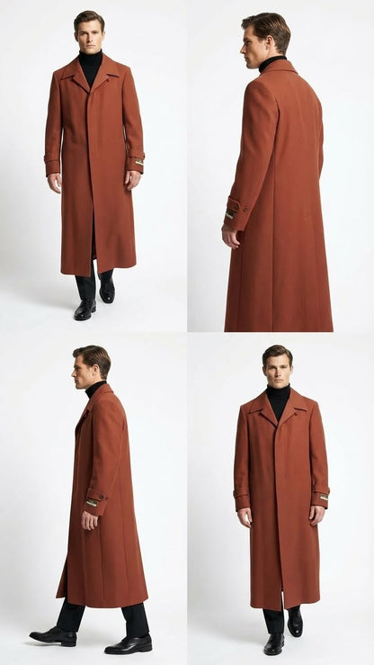 Mens Full-Length Cognac Overcoat  Premium Wool-Blend Long Dress Coat for Winter and Formal Wear in Rust Brick Color