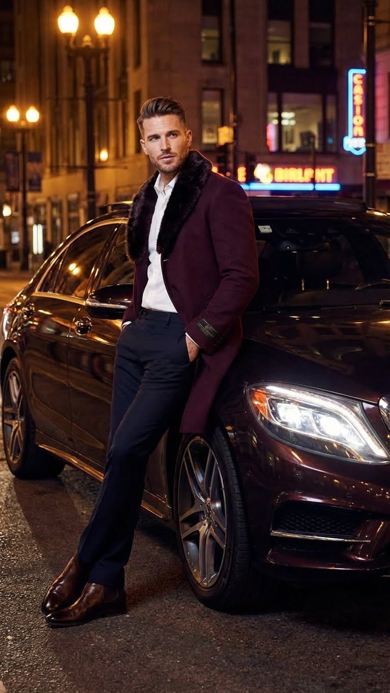 Mens Burgundy Three Quarter Coat with Faux Fur Collar Overcoat  Luxury Winter Outerwear Three Quarter Carcoat Topcoat