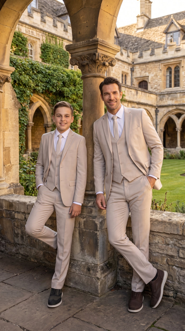 Dad & Son Matching Beige 3-Piece Suits – Father and Son Wedding Formal Suits in Tan Color