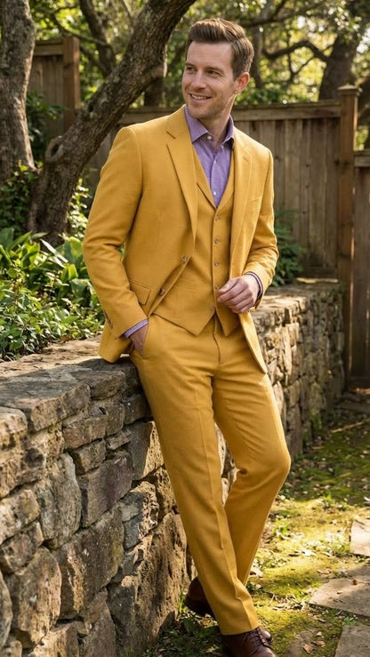 Mens Mustard Yellow Three Piece Suit | 2 Button Notch Lapel Modern Fit in Gold Color - Church Suit