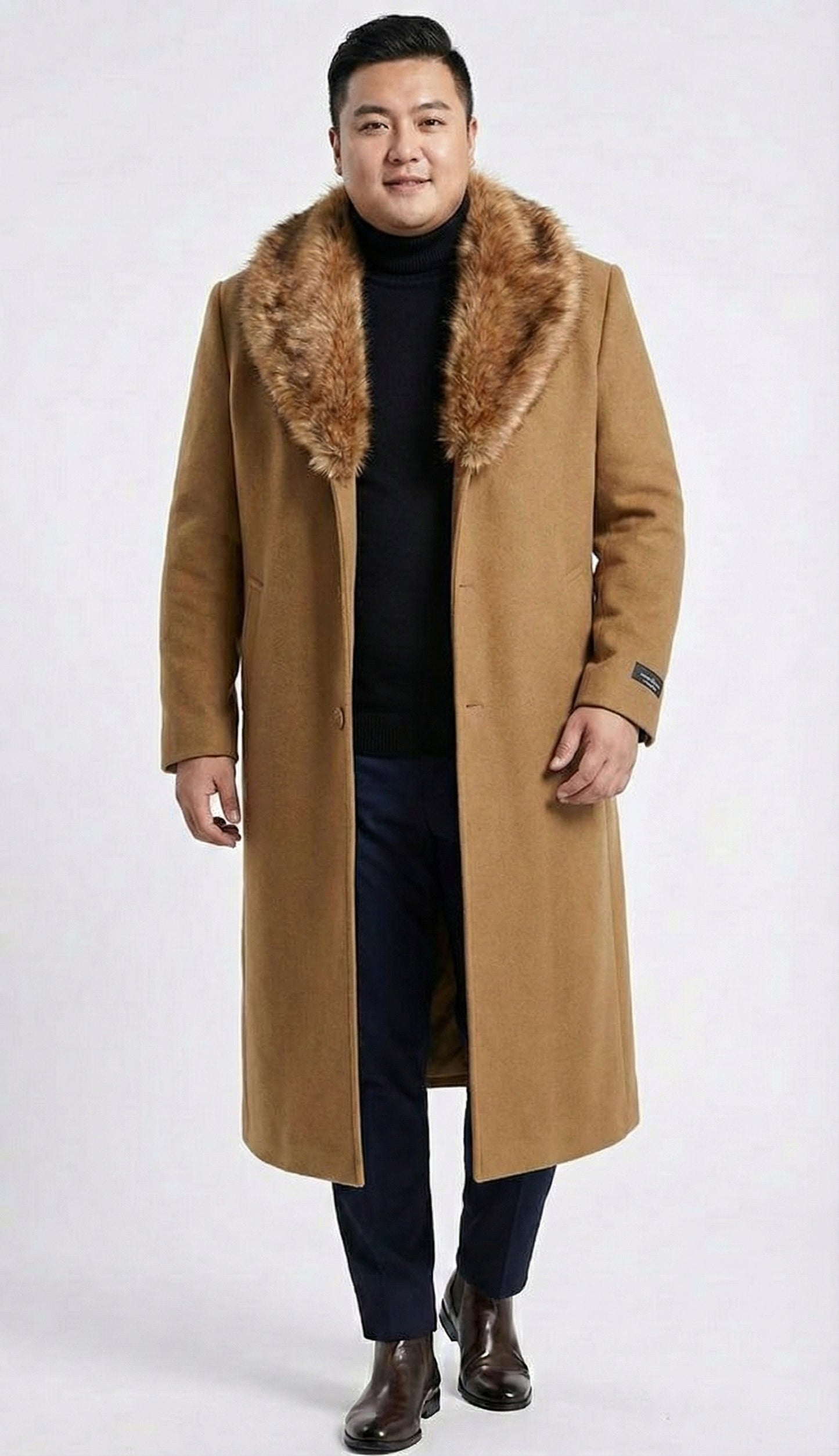Men's Camel Brown Long Overcoat with Faux Fur Collar, Classic Winter Topcoat for Formal and Business Wear