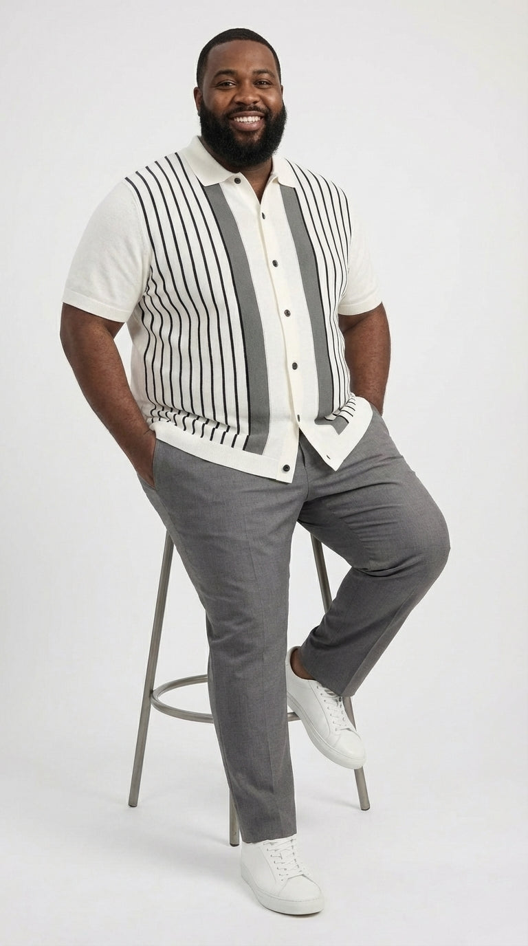 Mens White and Charcoal Gray Stripe Walking Suit Set – Short Sleeve Button Shirt and Pants Casual Summer Outfit for Travel, Vacation and Everyday Wear