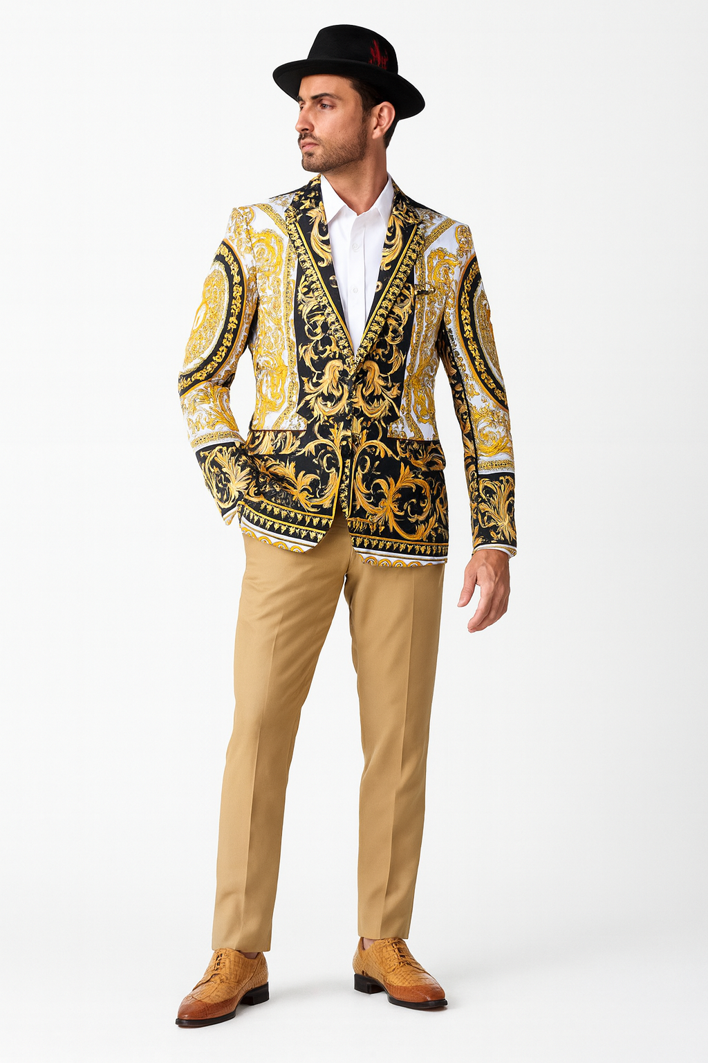 Mens Black and Gold Baroque Blazer with Matching Pants, Hat, and Shoes  Luxury Party and Wedding Outfit Set