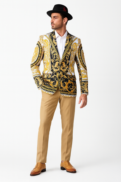 Mens Black and Gold Baroque Blazer with Matching Pants, Hat, and Shoes  Luxury Party and Wedding Outfit Set