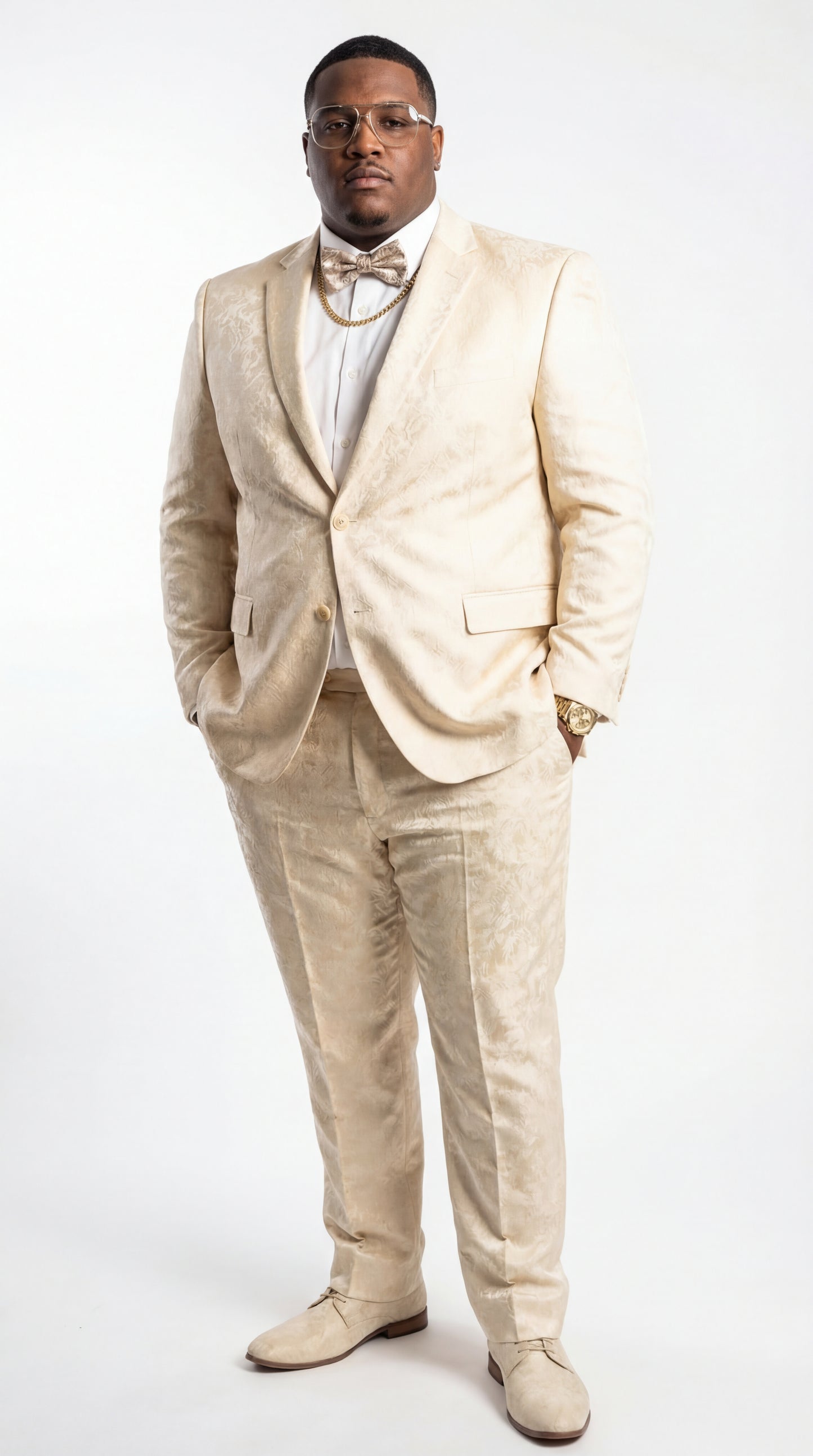 Mens 2 Button White with Gold Foil Floral Paisley Prom and Wedding Tuxedo