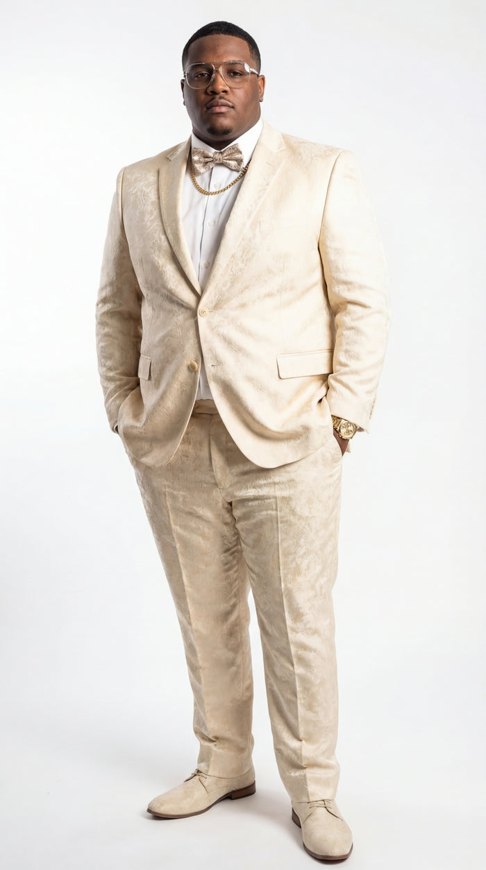 Mens 2 Button White with Gold Foil Floral Paisley Prom and Wedding Tuxedo