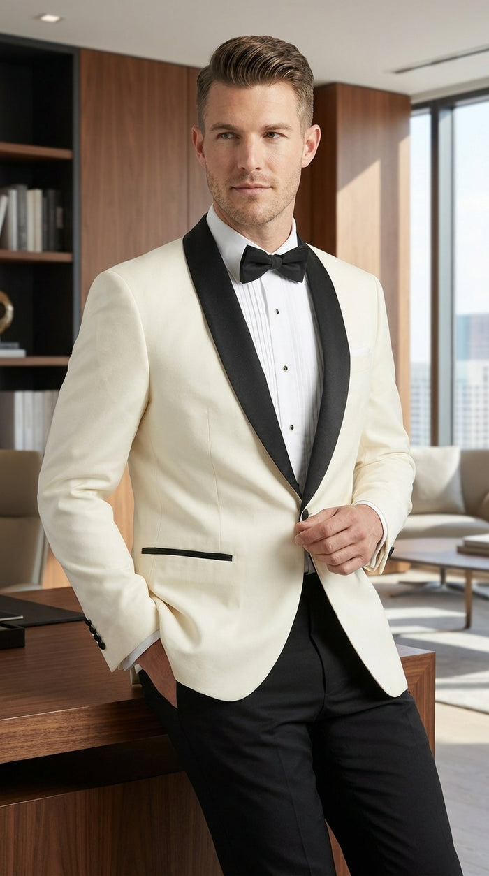 Men’s Ivory Dinner Jacket Blazer with Black Shawl Lapel, Formal Wedding Tuxedo Sport Coat