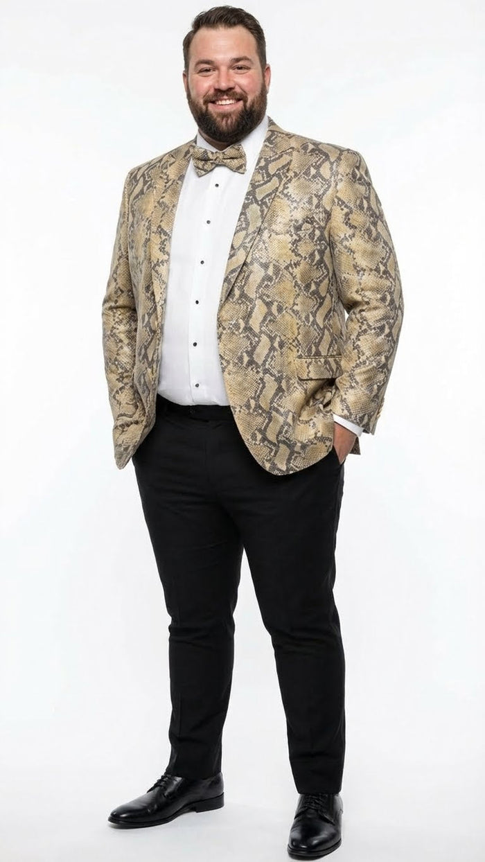 Mens Beige and Black Snakeskin Print Blazer  Alligator Crocodile Exotic Sking Sport Coat Jacket in Tan Camel Color