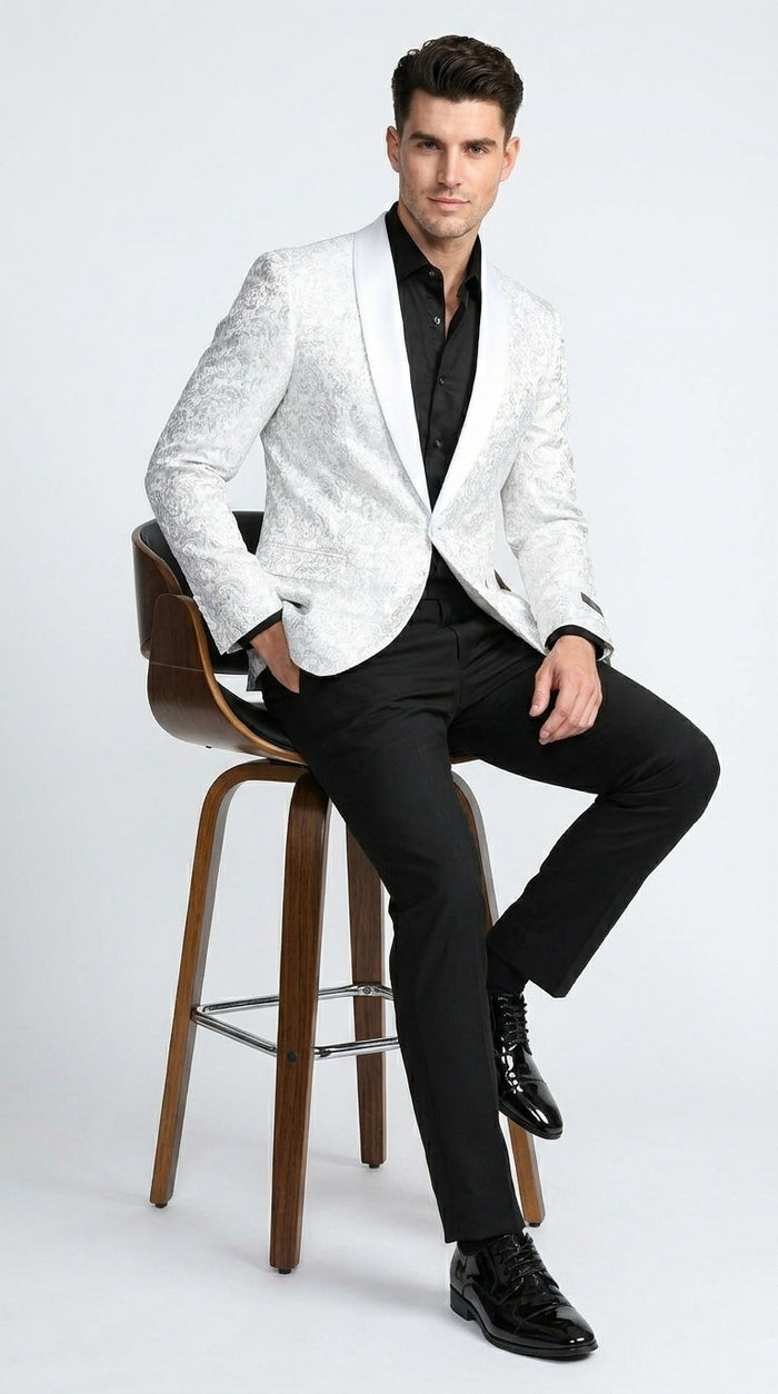 Men’s White Tonal Paisley Tuxedo Jacket with Satin Shawl Lapel, Wedding and Prom Dinner Blazer