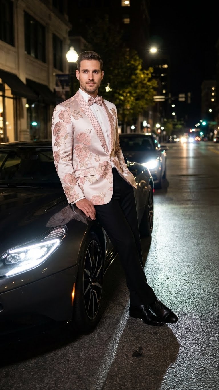 Mens Pink Blush Floral Jacquard Blazer with Embellished Shawl Lapel  Luxury Party and Wedding Wear Jacket